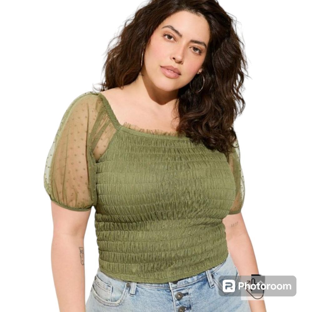 6X 30W Torrid Green Dot Mesh Square Neck Crop Top Smocked Puff Sleeve Garden fai